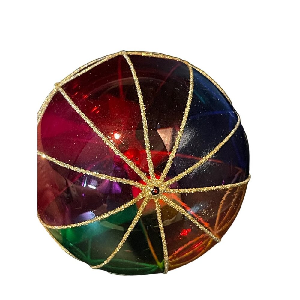 Blown Glass 4” Stained Glass Gold Glitter Christmas Red Green Blue Ornament - Picture 4 of 4
